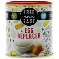 Round tin of Free & Easy Egg Replacer, 135g, with colorful food illustrations and gluten-free, dairy-free labels.