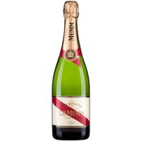 Green bottle of G.H Mumm Cordon Rouge Brut Champagne with gold foil and red diagonal ribbon label.