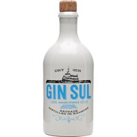 White Gin Sul Dry Gin bottle with blue label, cork stopper, and black ship illustration.