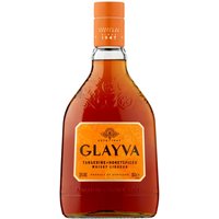 Glayva Whisky Liqueur 50cl bottle, amber liquid, orange label and cap, embossed design on glass.