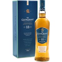 Glen Grant 18 Year Whisky 70cl bottle with blue label, gold accents, and matching blue box.