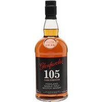 Glenfarclas 105° Speyside Single Malt Scotch Whisky in clear bottle with black label and red lettering.
