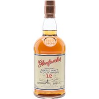 Glenfarclas 12 Year Old Speyside Single Malt Scotch Whisky in clear bottle with tan label and red lettering.