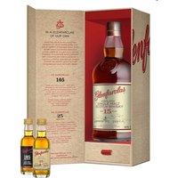 Glenfarclas 15 Year Whisky 70cl in red and beige gift box with two miniature bottles.