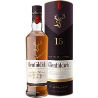 Glenfiddich 15 Year Solera Whisky 70cl bottle with gold stag logo, dark label, and matching cylindrical box.