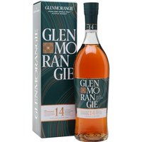 Glenmorangie Quinta Ruban 14 Year Old whisky bottle with dark green label and matching box, amber liquid visible.
