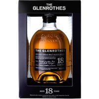 Glenrothes 18 Year Whisky 70cl in a black box, featuring a round bottle with a black label and gold whisky inside.