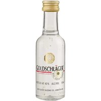 Goldschlager Cinnamon Schnapps 5cl miniature bottle with gold cap and visible gold flakes in clear liquid.