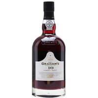 Graham's 10 Year Tawny Port 75cl bottle with dark red liquid, white label, and black cap.