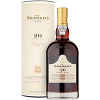 Graham's 20 Year Tawny Port 75cl in a dark glass bottle with gold foil neck, accompanied by a cream cylindrical box.