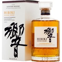 Hibiki Harmony Japanese Whisky 70cl bottle with amber liquid, square glass design, and elegant kanji label next to box.