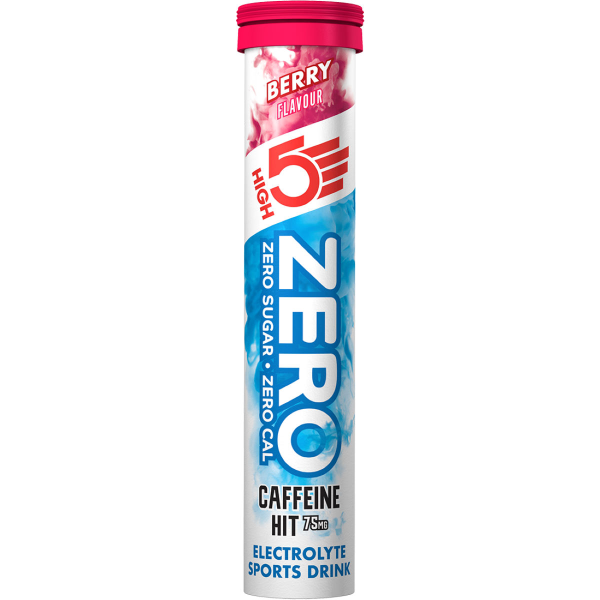 High5 ZERO Berry Flavour sports drink effervescent tablet tube, featuring a vibrant pink cap, blue and white packaging, and labels highlighting zero sugar and zero calories.