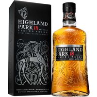 Highland Park 18 Year Whisky 70cl bottle with intricate Viking design, beside black box with silver detailing.