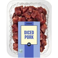 Pack of Iceland diced pork in clear plastic tray with blue and white label.
