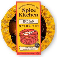 Indian Spice Gift Tin wrapped in yellow sari fabric, featuring a red spice tin illustration and Spice Kitchen branding.