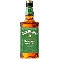 Jack Daniel's Apple Whiskey Liqueur 70cl, green label with apple graphic, amber liquid, black cap.
