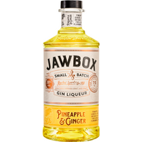 Jawbox Pineapple & Ginger Gin Liqueur 70cl, clear bottle with yellow liquid, white label, black cap.