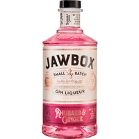 Clear glass bottle of Jawbox Rhubarb & Ginger Gin Liqueur with pink liquid and black cap.