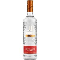 Clear glass bottle of JJ Artisanal Vodka 70cl, embossed floral design, copper cap, red label at the base.