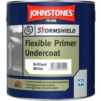 Blue and silver can of Johnstone's Trade Stormshield Flexible Primer Undercoat Paint, labeled "Brilliant White."