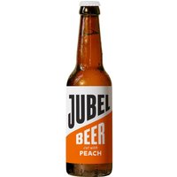 Amber glass bottle of Jubel Beer Cut with Peach, featuring a bold white and orange label with black text.