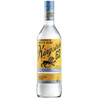 Clear bottle of Kingston 62 White Rum 70cl with yellow label, black lion logo, and blue cap.