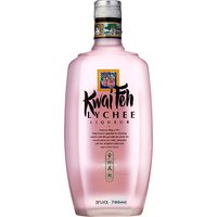 Pink Kwai Feh Lychee Liqueur bottle, 70cl, with elegant black script and a decorative label featuring lychee imagery.