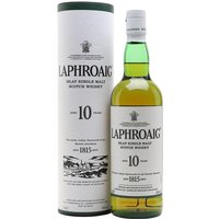 Laphroaig 10 Year Old Islay Single Malt Scotch Whisky in green bottle with white label, next to matching cylindrical box.