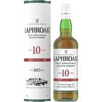 Laphroaig 10 Year Sherry Oak Whisky 70cl bottle with green glass and white label, next to matching cylindrical box.