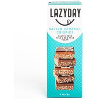 Lazy Day Salted Caramel Crispies box, teal and white, showing stacked caramel and chocolate-topped rice bars.
