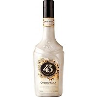 Licor 43 Orochata 70cl bottle, cream-colored with black and gold label, ornate design around logo, black cap.
