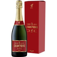 Liverpool FC 2025 Champions champagne bottle with gold foil neck, red label, and matching red box with gold lettering.