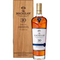 Macallan Sherry Oak 30YO whisky bottle with gold cap and wooden box packaging.