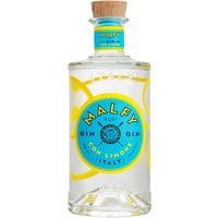 Malfy Con Limone Gin 70cl bottle with blue and yellow label, wooden cork, and lemon graphics.