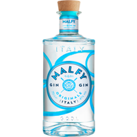 Clear glass bottle of Malfy Originale Gin 70cl with blue label, cork stopper, and decorative blue circles.