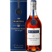 Martell Cordon Bleu Cognac 70cl bottle with blue label and gold accents, next to matching blue box.