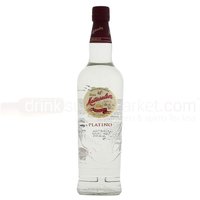 Clear glass bottle of Matusalem Platino Rum 70cl with red cap and beige label featuring red text and decorative design.