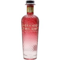 Textured pink glass bottle of Mermaid Pink Gin with gold label and black cap.