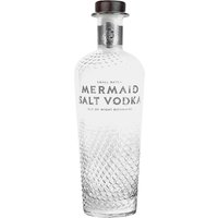 Clear glass bottle of Mermaid Salt Vodka, 70cl, with textured pattern and black cap, by Isle of Wight Distillery.