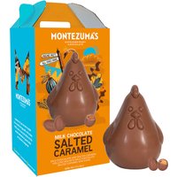 Milk chocolate hen with salted caramel flavor, accompanied by mini eggs, in colorful Montezuma's packaging.