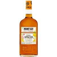 Mount Gay Bajan Spiced Rum 70cl bottle with amber liquid, white label, and tropical fruit illustrations.