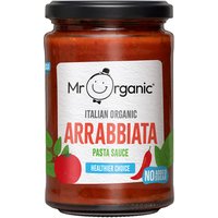 Mr Organic Arrabbiata Pasta Sauce jar with black lid, red label, and chili pepper graphic, 350g.