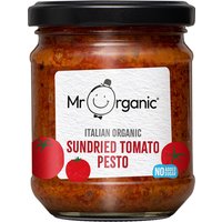 Mr Organic Sundried Tomato Pesto jar, red label with tomatoes, black lid, 190g.