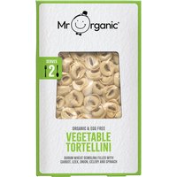 Mr Organic Vegetable Tortellini 250g in green box with clear window showing pasta rings.