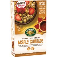 Natures Path Organic Maple Sunrise cereal box with bowl of cereal and strawberries, gluten-free and vegan branding.