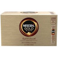 Nescafe Gold Blend box with 200 single-serve sachets, beige packaging, bold logo, and premium Arabica coffee text.