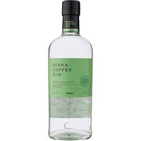 Nikka Coffey Gin 70cl bottle with green label, black cap, and clear glass showcasing transparent liquid.