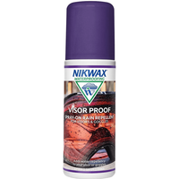 Nikwax Visor Proof 125ml spray bottle with purple cap, designed for rain repellent on visors and goggles.