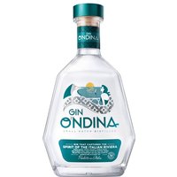Clear O'ndina Gin 70cl bottle with teal cap, featuring a retro label design with a sun and waves motif.