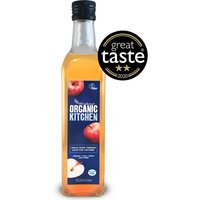 Clear glass bottle of Organic Kitchen Apple Cider Vinegar with black cap, blue label, and "Great Taste" award badge.